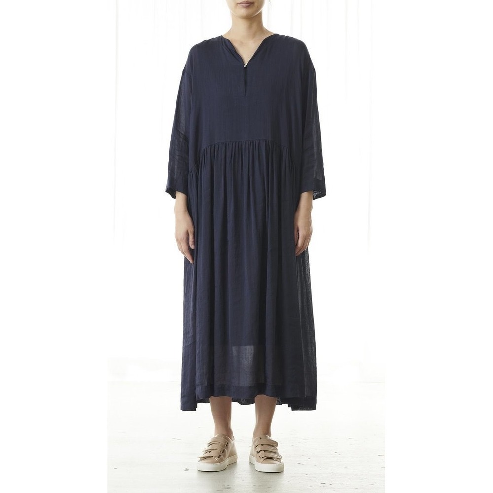 NWT Pas de Calais Vegetable Dye Maxi Dress Navy Linen Tencel Empire Waist - 40